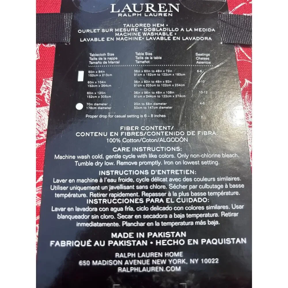 Lauren Ralph Lauren Red Christmas Tablecloth NEW Poinsettia Cotton 60x104 Preppy